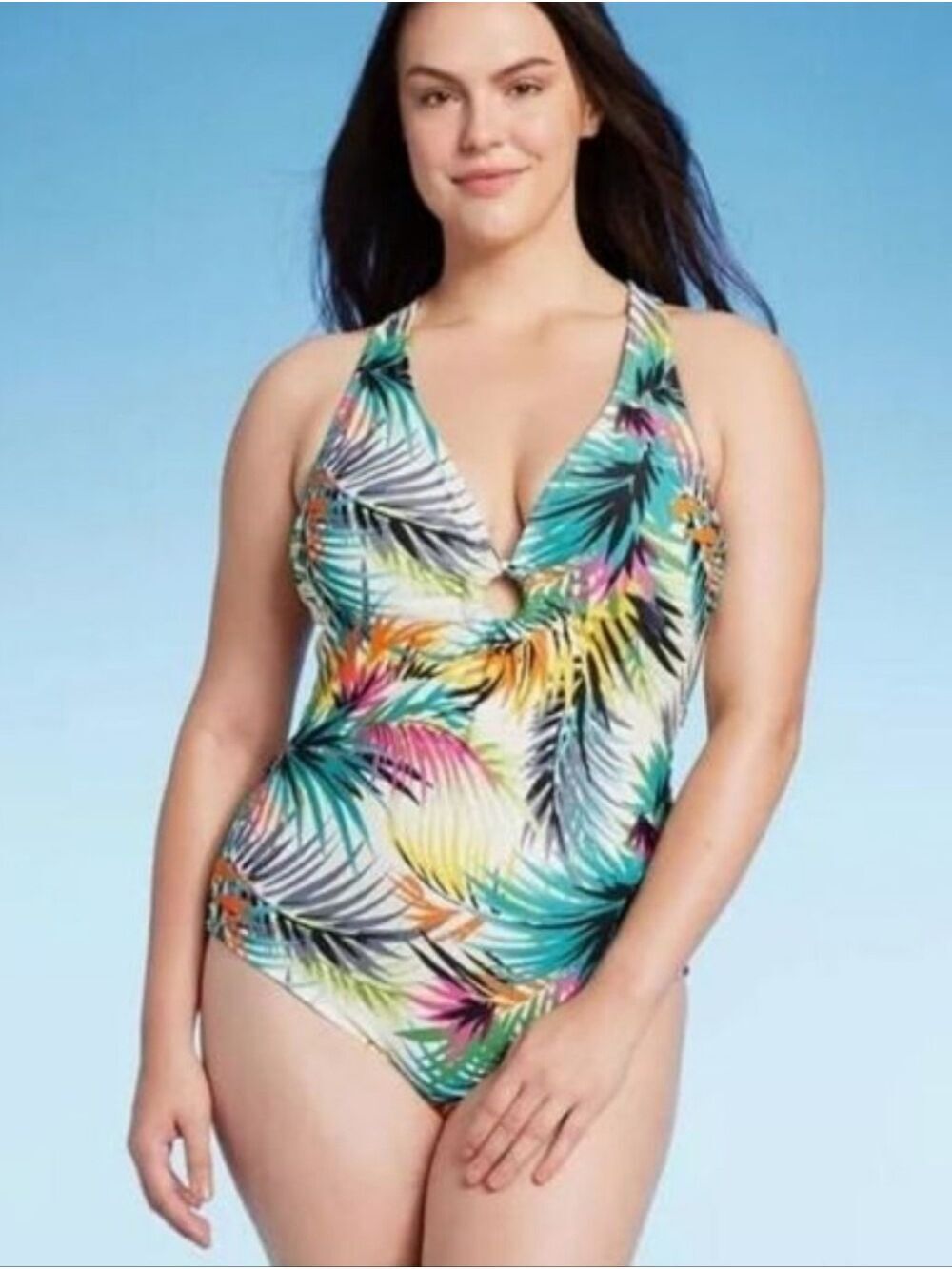 SHADE & SHORE TROPICAL PRINT PLUNGE RING DETAIL ONE PIECE SWIMSUIT - XL - NWT